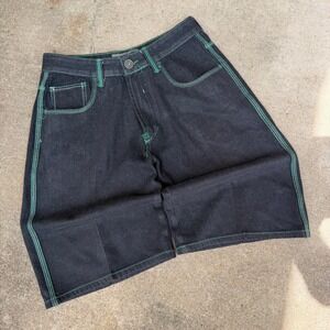 Refuel Mens Baggy Denim Shorts Black Green Contrast Stitch Y2K Skater Rave 32